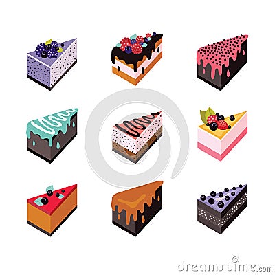 Cake set Isometric flat design web icon collection Delicious dessert Cartoon Illustration