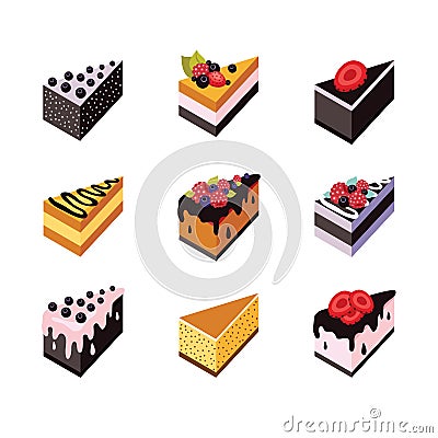 Cake set Isometric flat design web icon collection Delicious dessert Cartoon Illustration