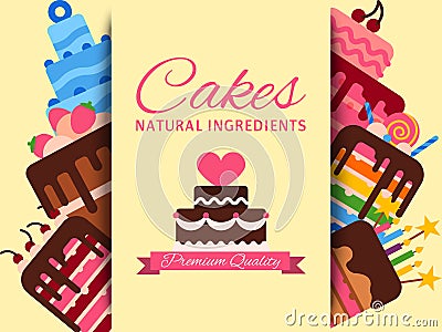 Cake shop banner vector illustration. Cakes natural ingredients. Premium quality. Chocolate and fruity desserts for cake Vector Illustration