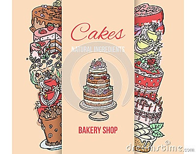 Cake shop poster vector illustration. Cakes natural ingredients. Premium quality. Chocolate and fruity desserts for Vector Illustration