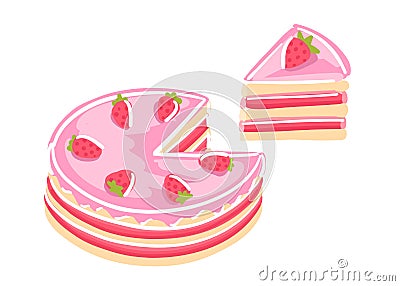Cake with strawberries. Sweet dessert. Piece of pink cake. Hand drawn sketch. Pastry fancy pink cream. Vector cartoon Vector Illustration