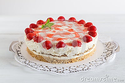 Cake Strawberry cream cheese on white wood Stock Photo