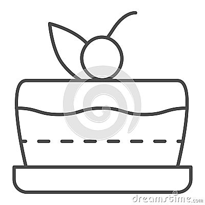 Cake thin line icon, bakery concept, sweet birthday pie sign on white background, cake with cherry icon in outline style Vector Illustration