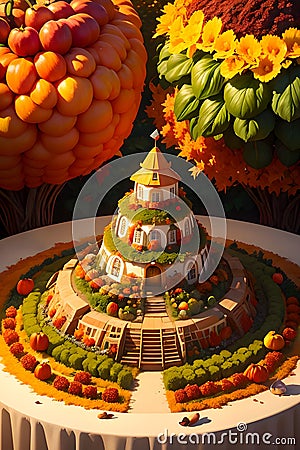 cake with a tower made of fruit and flowers Stock Photo