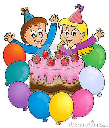 Cake and two kids celebrating image 3 Vector Illustration