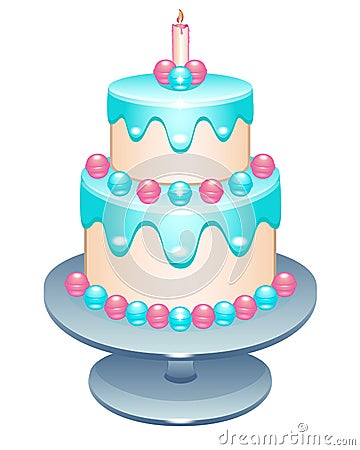 Cake. Two-tier birthday cake with a candle on a stand. Cake decorated with pastry cream, glaze and sweets in pink and blue shades Vector Illustration