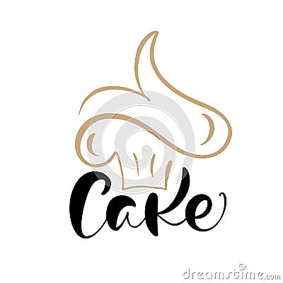 Cake vector calligraphic text with logo. Sweet cupcake with cream, vintage dessert emblem template design element. Candy Vector Illustration