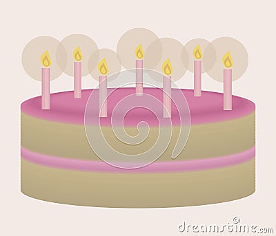 Cake vector celebratory with cream beautiful pink birthday burning candles on a light pink background illustration Vector Illustration