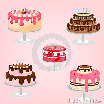 5 Types of Delicious Vector Cakes Illustration Design For Posters, Website Banners, with Lightpink Gradient Background Vector Illustration