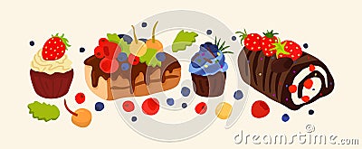 Cakes and berries. Yummy vector set of various colorful and tasty bisquits with cream, chocolate and berries Vector Illustration
