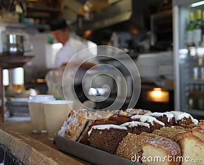 Cakes in cafe on Thurlestone Beach, Devon. Stock Photo