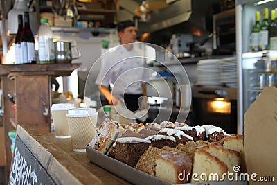 Cakes in cafe on Thurlstone Beach, Devon. Editorial Stock Photo