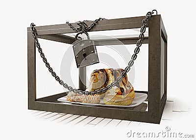 Cakes in close metal box with chains diet concept composition photo Stock Photo