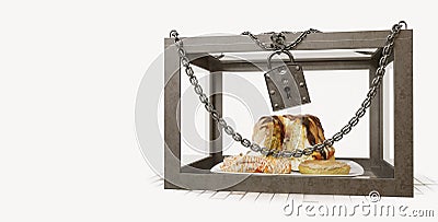 Cakes in close metal box with chains diet concept composition photo Stock Photo