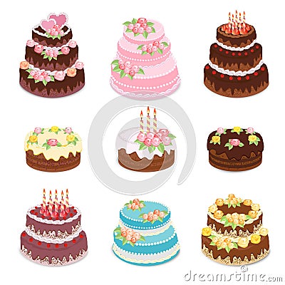 Cakes collection. Set of different types sweet baked cakes - chocolate cake, birthday and wedding celebration cakes. Vector Illustration