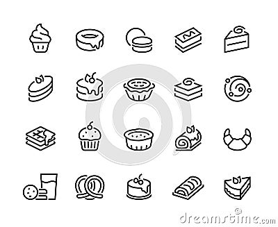 Cakes and cookies line icons. Bakery and sweet food, croissant donuts cupcakes cookies brownies and pies. Vector Vector Illustration