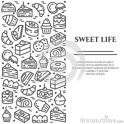 Cakes and cookies theme horizontal banner. Pictograms of pie, brownie, biscuit, tiramisu, roll and other dessert related elements Vector Illustration