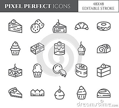 Cakes and cookies theme pixel perfect thin line icons. Set of elements of pie, brownie, biscuit, tiramisu, roll and other dessert Vector Illustration