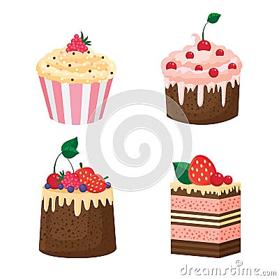 Cakes with cream and berries Vector Illustration