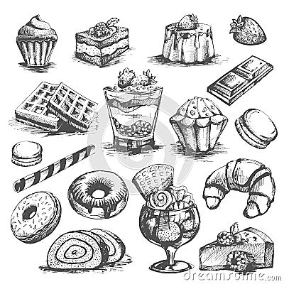 Cakes and cupcakes pastry bakery desserts vector sketch icons set Vector Illustration