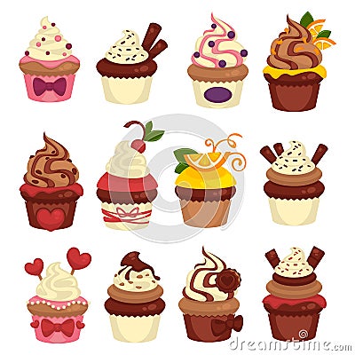Cakes and cupcakes pastry or bakery vector template icons Vector Illustration