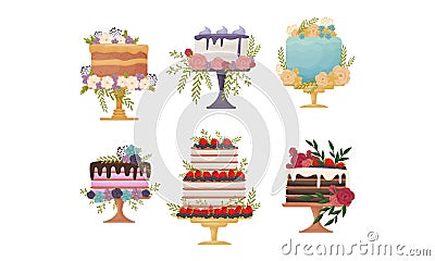 Cakes Decorated with Flowers and Berries Standing on Pedestal Cake Plate Vector Set Vector Illustration