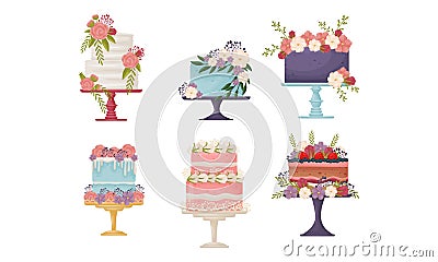 Cakes Decorated with Flowers Standing on Pedestal Cake Plate Vector Set Vector Illustration