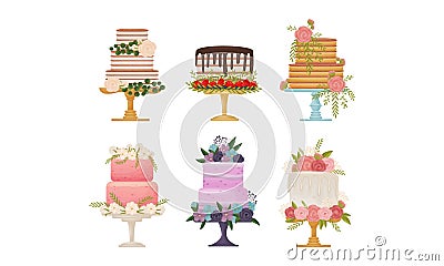 Cakes Decorated with Flowers Standing on Pedestal Cake Plate Vector Set Vector Illustration