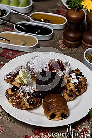 Cakes, desserts and pastries for breakfast Stock Photo