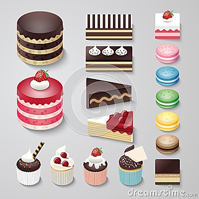 Cakes flat design dessert bakery vector set Vector Illustration