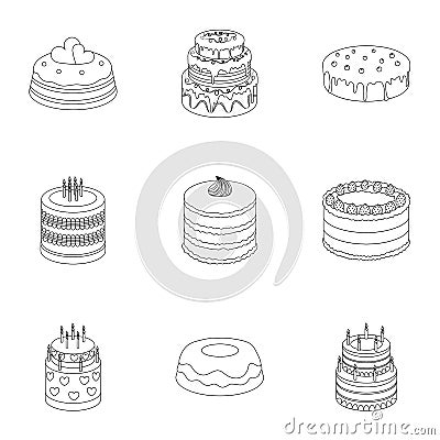 Cakes for the holidays. A set of different sweets. Beautifully decorated cakes and muffins.Cakes icon in set collection Vector Illustration