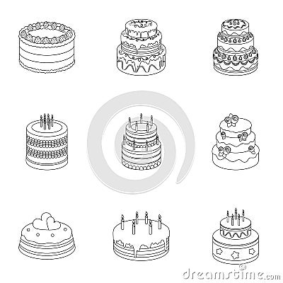 Cakes for the holidays. A set of different sweets. Beautifully decorated cakes and muffins.Cakes icon in set collection Vector Illustration