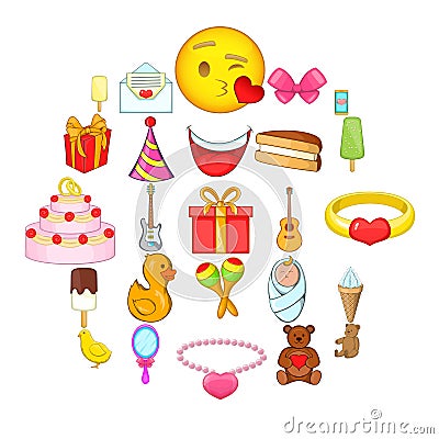 Cakes icons set, cartoon style Vector Illustration