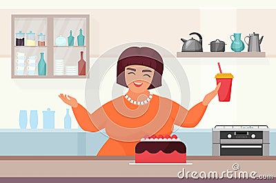 Cakes making process, woman confectioner cooking homemade cake, sweet chocolate dessert Vector Illustration