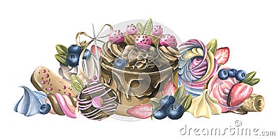 Cakes, pastries, donuts, meringues, berries and lollipops. Watercolor illustration. A composition from the collection of Cartoon Illustration