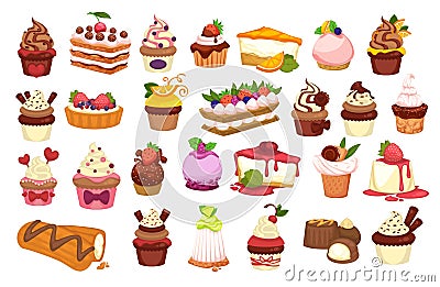 Cakes and pastry confectionery, sweets and desserts Vector Illustration