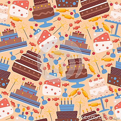 Cakes seamless pattern, vector illustration. Icons of birthday and wedding cake in flat style, sweet chocolate dessert Vector Illustration