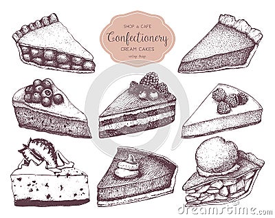 Vector collection of ink hand drawn fruit and berry baking illustration. Vintage design with traditional cake, tart and pie sketch Cartoon Illustration