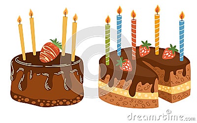 Cakes with candles. Confectionery, sweet desserts, birthday and holidays. Set of cakes. Vector Illustration