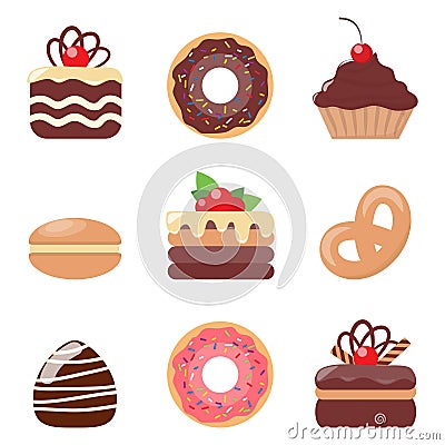 Cakes, set. Cookies and biscuits, donut and macaroon icons. Chocolate and vanilla cookies with creame and berries Stock Photo