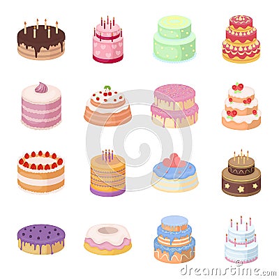 Cakes set icons in cartoon style. Big collection of cakes vector symbol stock illustration Vector Illustration