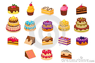 Cakes sett, sweet dessetrts, baked cakes and cupcakes made of cream, biscuit, chocolate and berries vector Illustrations Vector Illustration