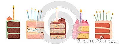 Cakes slices pieces with candles isolated on white. Set of cakes. Vector for postcards and stickers Vector Illustration