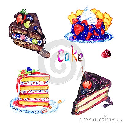 Cakes slices variety collection, chocolate and with berries, hand painted watercolor illustration isolated Cartoon Illustration