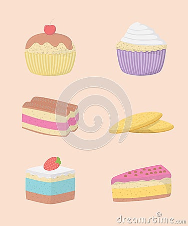 Cakes and sweets decorative icons set collection with warm color and various kinds - vector Cartoon Illustration