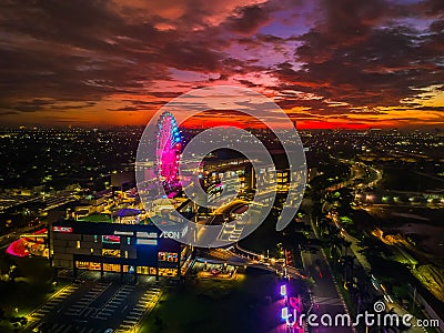 Cakung, East Jakarta, Indonesia (02/Mei/2019) : Aerial view of the sunset with colourful clouds at Aeon Mall JGC Editorial Stock Photo