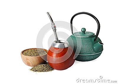 Calabash, bombilla, teapot and bowl of mate tea on white background Stock Photo