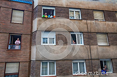 Calahorra,La Rioja /Spain-april 24 2020: people clapping on the balcony Editorial Stock Photo