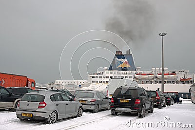 Calais Ferryport (France) in severe weather Editorial Stock Photo