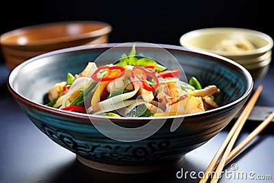 calamari and vegetable stir-fry in black asian bowl Stock Photo